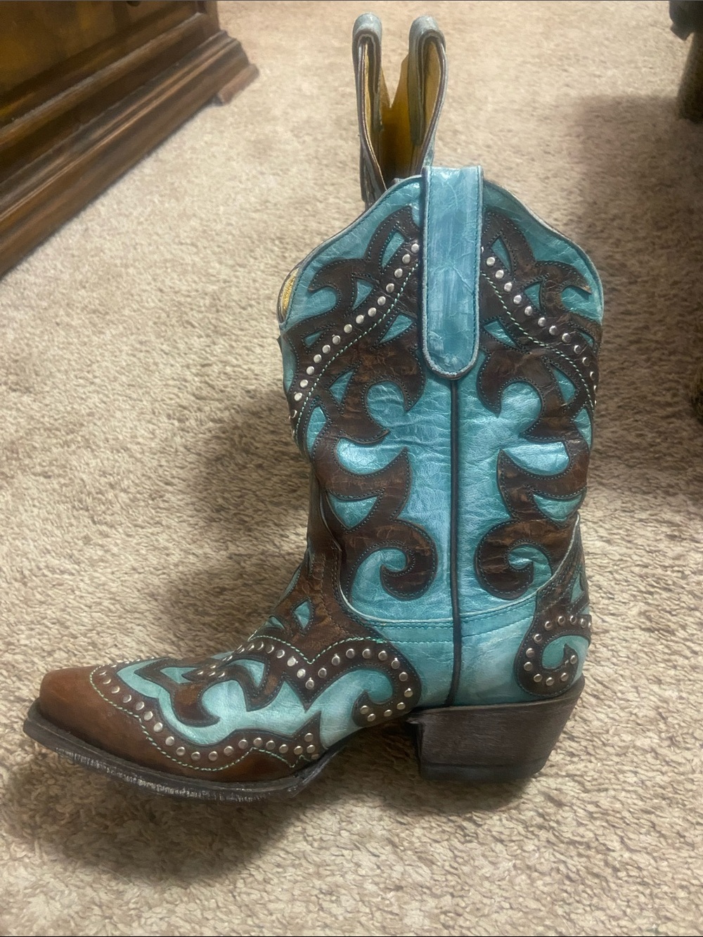 Cavender’s Brown & Turquoise Studded Western Cowboy Boots - Picture 2 of 4
